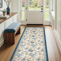 jinchan 3x8 Floral Runner Rug for Hallway Washable Kitchen Runner Vintage Romance Design Non Slip Thin Indoor Floor Cover Low-Profile Throw Carpet for Entryway Bathroom Bedroom Porch, Blue/Beige