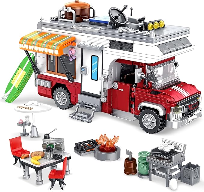 Camper Van Building Set, Compatible with Rvs Camper Vehicles, Summer Beach Holiday Camping Car Building Toy with Light, Gift for Adults and Boys Girls Kids Teens 8-12 (924 PCS)