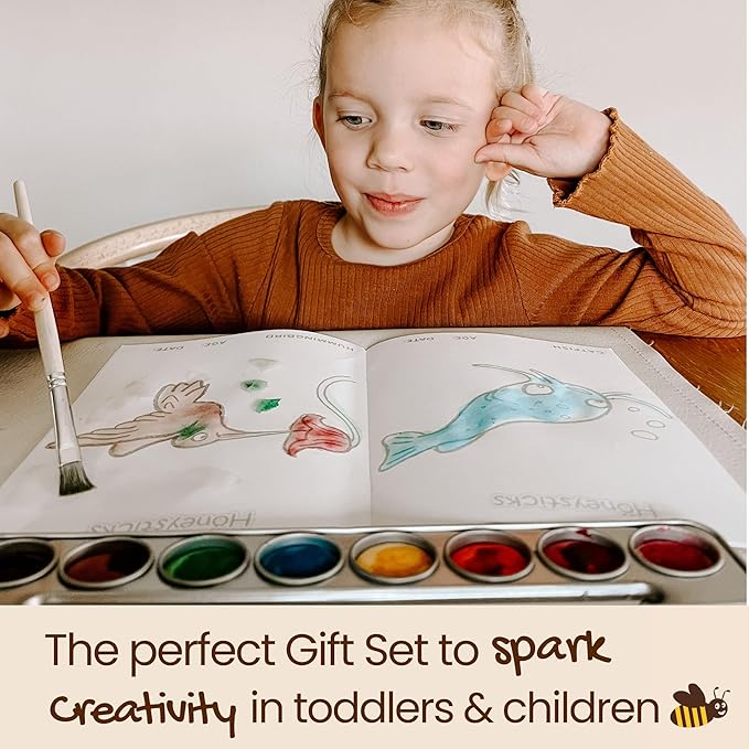 Honeysticks Non-Toxic Watercolor Paint Set for Kids and Toddlers - 8 Vibrant and Long Lasting Colors with Brush - Natural and Food Grade Ingredients - Child Safe Art Supplies - Great Gift Idea