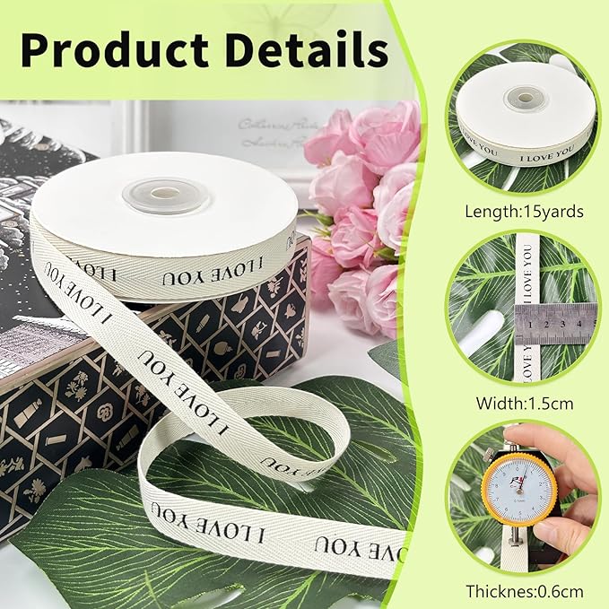 Cotton Herringbone Ribbon - Natural Twill Tape for Custom Gift Wrapping & DIY Crafts-5/8 Inch x 15 Yards - I Love You Printed Phrase