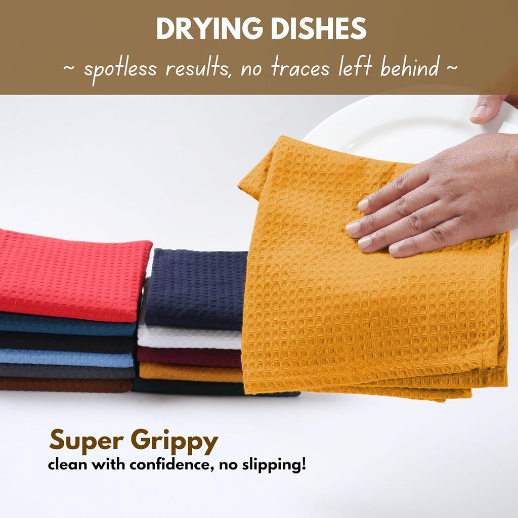 Native Fab Cotton Kitchen Towel with Hanging Loop 16x26 inches, 4-Pack, Waffle Weave Kitchen Towels for Cleaning Drying, Washcloths Soft & Absorbent Cloth Rags, Bar Towel, Dish Cloth, Mustard Yellow