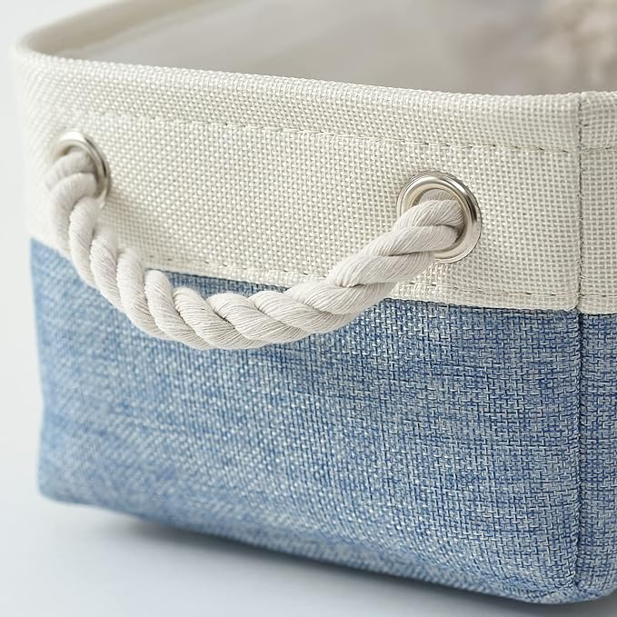TcaFmac Storage Basket for Shelves - Small 6 Pack Fabric Storage Bins for Organizing, Collapsible Storage Cubes with Handle for Closet Cloth Toy Decorative Gift (White & Blue11.8 x 7.8 x 5.2 inch)