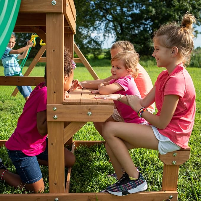 Backyard Discovery Belmont Cedar Wood Swing Set with Wave Slide, Play Deck, Rock Wall Ladder, Snack Bar Window, Shaded Picnic Area, Bench, Belt Swings, Trapeze, Sandbox Area, Canopy, Outdoor Playset