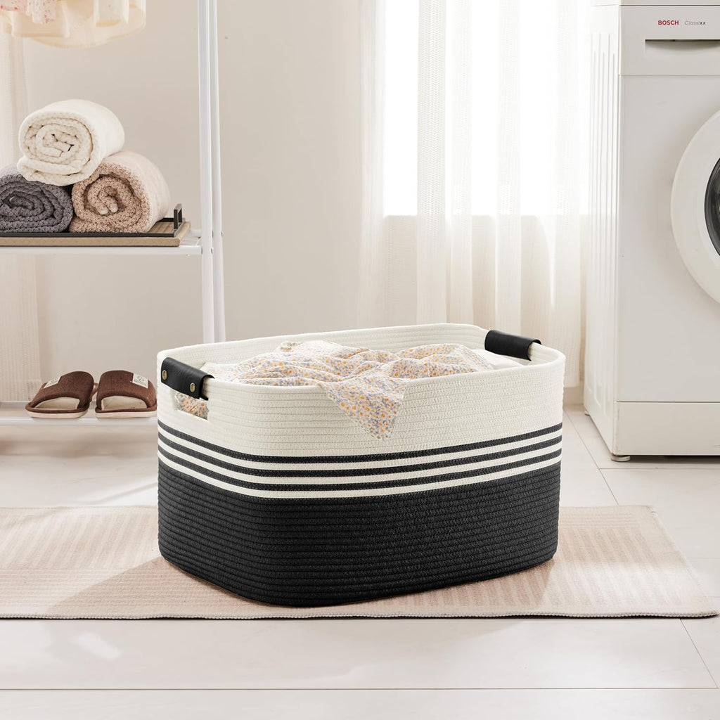 72L Large Laundry Basket with Leather Handles for Living Room Storage, Woven Rope Baskets Bin for Blanket, Kids Toy, Gifts, Wicker Hamper for Bedroom Dirty Clothes, 22"x17"x12" White Black