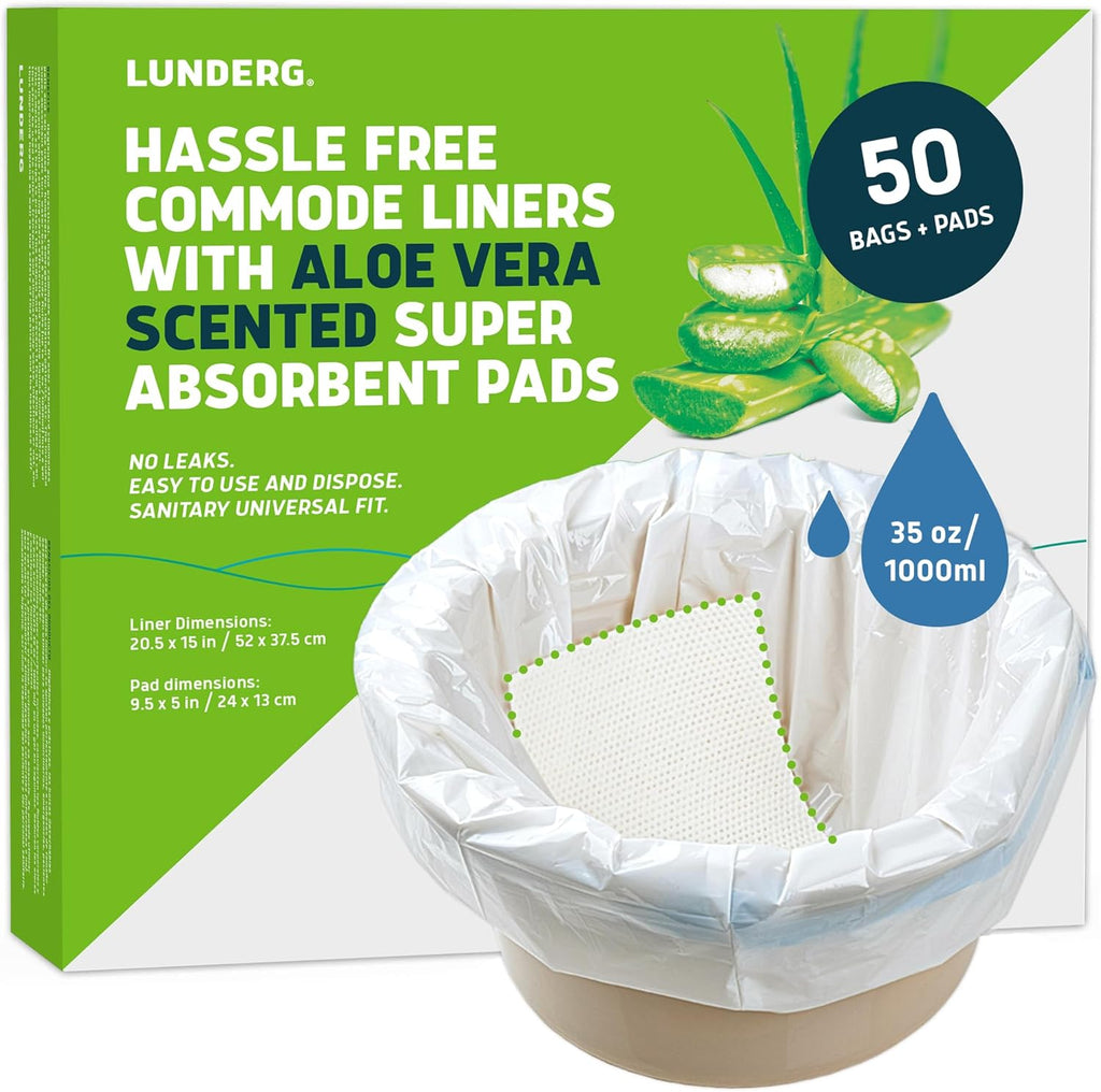 Lunderg Commode Liners with Absorbent Pads - Aloe Scent Medical Grade 50 Count Universal Fit - Disposable Bedside Commode Liners and Pads for Adult Chairs, Portable Buckets & Camping Toilet Bags