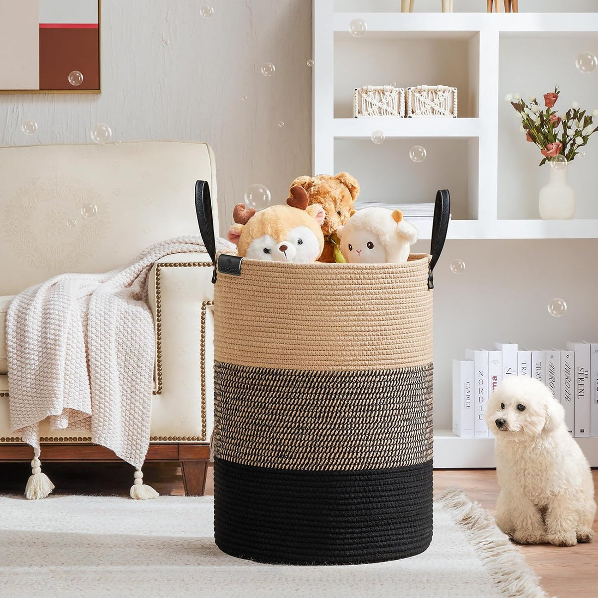 VIPOSCO Tall Laundry Basket, Large Dirty Clothes Hamper with Leather Handle, Woven Rope Storage Basket for Blanket, Toy In Living Room, Bathroom, Bedroom - 100L Brown & Black
