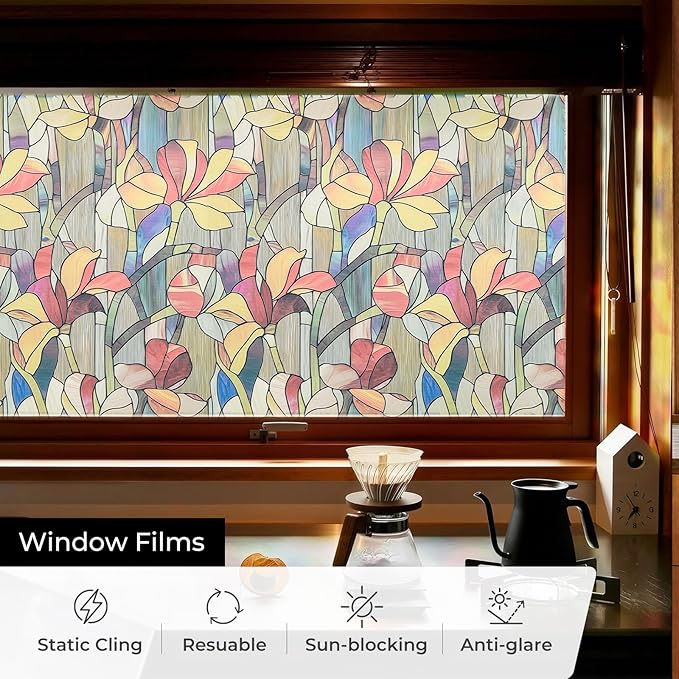 Window Privacy Film, Frosted Glass Decorative Static Cling, Removable Sun Blocking Vinyl Covering, Window Film for Home Kitchen Living Room Bathroom, Glazed Flower Shadows, 17.5" x 78.7 "