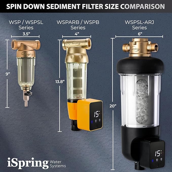 iSpring WSP50SL-ARJ Reusable Whole House Spin Down Sediment Water Filter, Includes Siliphos Helps Prevent Scale and Corrosion, Clear Housing, Upgraded Jumbo Size, with Touch-Screen Auto Flushing