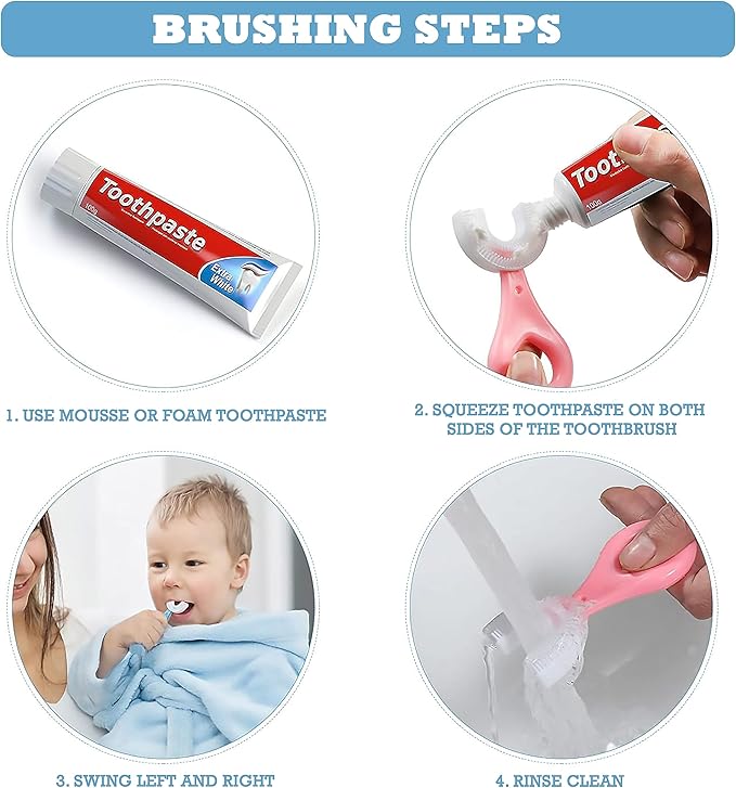 U-Shaped Toothbrush Kids (2 PCS), 360° Oral Teeth Cleaning Design, Toddler with Food Grade Soft Silicone Brush Head, Manual Whole Mouth for Age 2-6