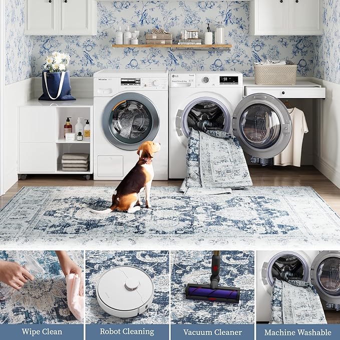 jinchan Runner Rug 2x5 Machine Washable Hallway Rug Dark Blue Vintage Floral Print Non-Slip Low Pile Ultra-Thin for Kitchen,Entryway,Laundry Room,Bedroom,Farmhouse (2‘x5’,Dark Blue)