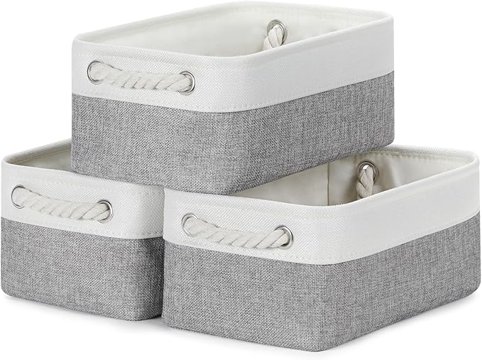 Bidtakay Small Baskets Fabric Storage Baskets for Organizing 3-Pack 12x8x5 Inch Collapsible Storage Bins for Shelves Canvas Bins for Closet Organization Home Baskets Storage Linen Closet S-White&Grey