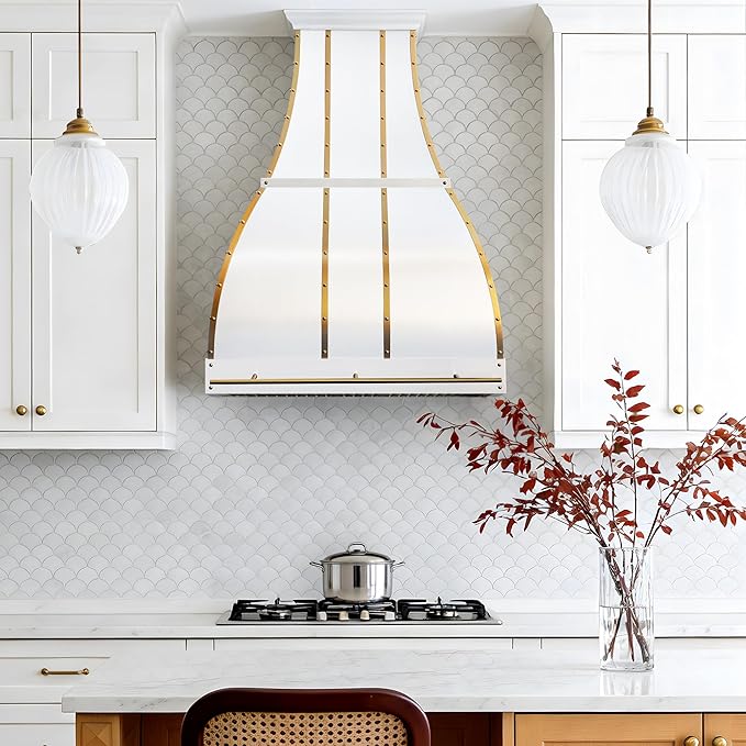 CHETTO C Stainless Steel Range Hood Cover with 4-Speed Vent Hood Insert Custom Handcrafted Metal Kitchen Fan with Towel Rack LED Light 30"W x21"D x30"H White Wall Mount