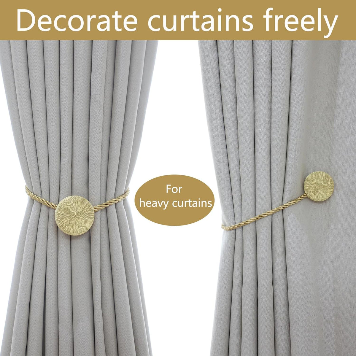 Magnetic Curtain Tiebacks - 12mm Magnetic Tie Backs for Curtains, Heavy Duty No Drill Curtain Holdbacks for Home/Office Windows Drapes, Elegant Gift-Ready Design 7 Colors (2, Gold)