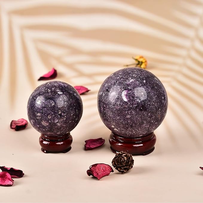 JIC Gem Small Purple Mica Crystal Ball Sphere with Decorative Wooden Stand for Decorative Ball,Divination or Feng Shui,and Fortune Telling Ball (60-70mm)