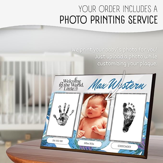 Baby Hand and Footprint Kit with Photo & Birth Details, Inkless Hand and Footprint Kit, Newborn Keepsake Plaque, Baby Shower Gifts (STYLE 1 (Fully Personalized) (Welcome To The World - Baby Boy))