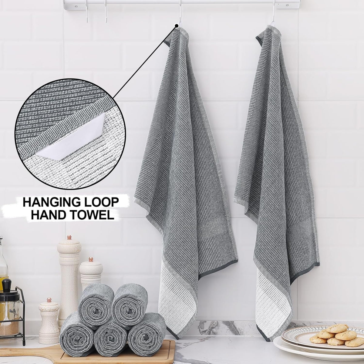 Homaxy Premium Kitchen Towels(18”x 28”, 8 Pack), Large Cotton Kitchen Hand Towels, Flat and Terry Dish Towels, 380 GSM Highly Absorbent Tea Towel Set with Hanging Loop, Grey