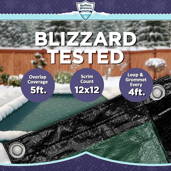 Buffalo Blizzard Deluxe 16 ft x 40 ft Rectangular Winter Pool Cover | Green/Black | Closing Inground Swimming Pools | Easy to Install | Heavy Duty, Cold & UV Resistant | Shields from Seasonal Debris