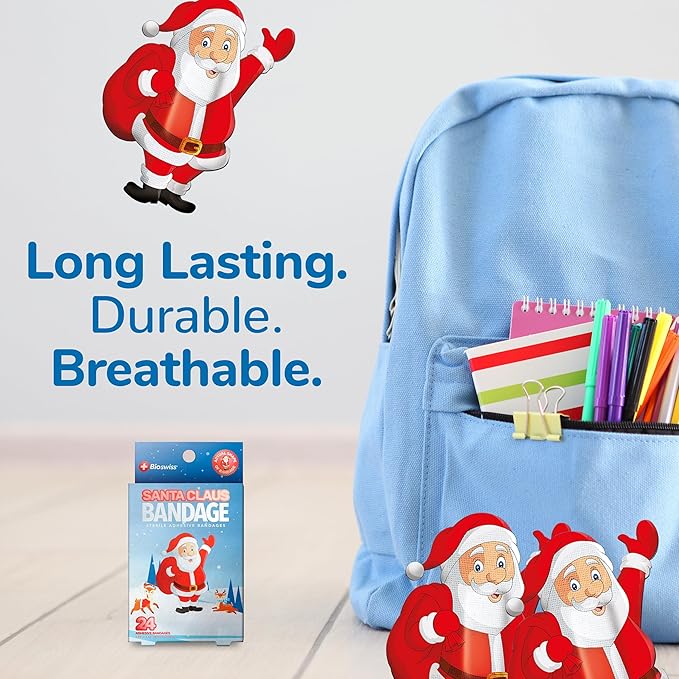 BioSwiss Bandages, Santa Claus Shaped Self Adhesive Bandage, Latex Free Sterile Wound Care, Fun First Aid Kit Supplies for Kids, 24 Count