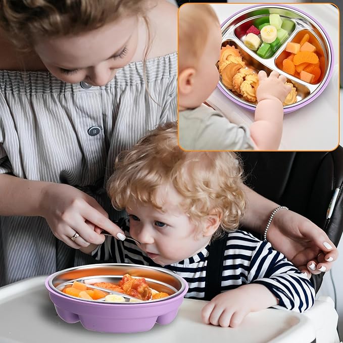 Nuogo 2 Pcs Stainless Steel Baby Suction Plates with Removable Silicone Shell 2-in-1 Metal Toddler Bowl Divided for Picky Eaters Kids Feeding Led Weaning Supplies, Dishwasher Safe (Purple,Green)
