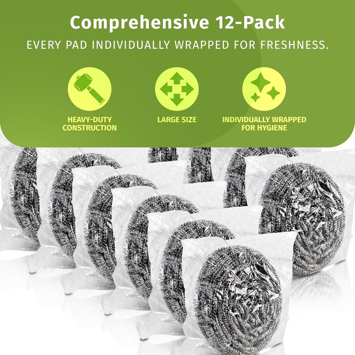 Brheez Stainless Steel Cleaner Scouring Pads [12 Pack] - Industrial & Commercial Strength Large Cleaning Supplies Dish Sponge - Individually Wrapped 30 Gram