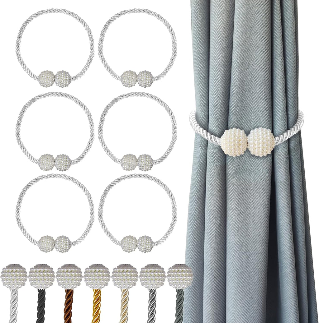 Hion Magnetic Curtain Tiebacks White 6 Pack, Curtain Tiebacks Buckles Holdbacks Holders Hooks Clip for Home Bedroom Office Decorative Thick or Thin Curtain