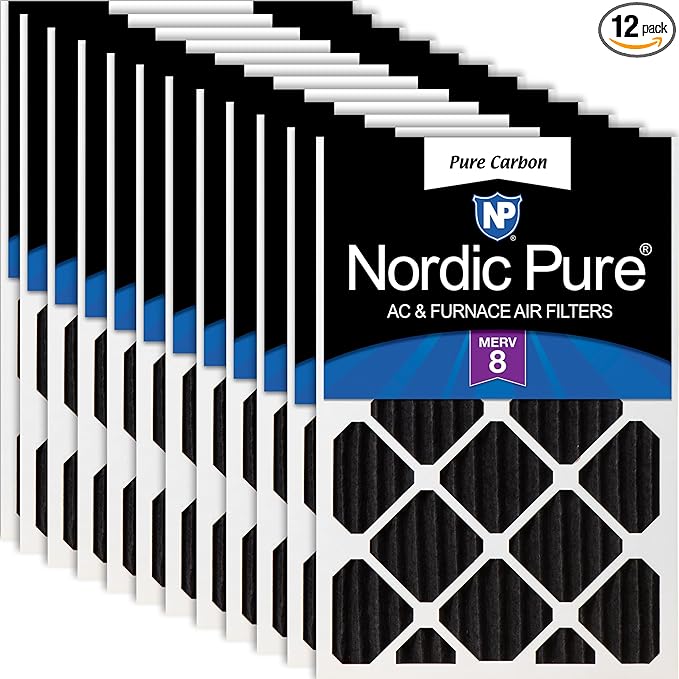 Nordic Pure 20x25x2 (Actual Size: 19 1/2 x 24 1/2 x 1 3/4) Pure Carbon Pleated Odor Reduction Merv 8 Furnace Filters 12 Pack