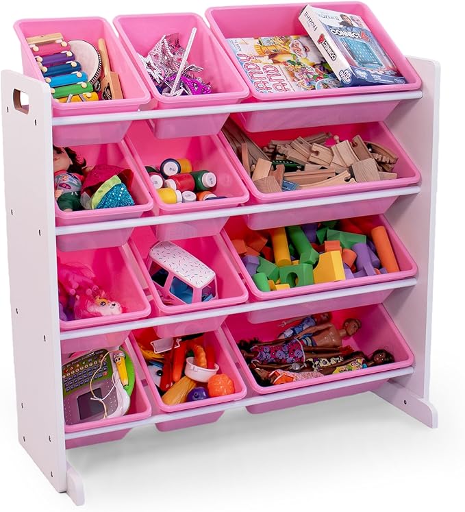 Humble Crew Kids Toy Storage Organizer with 12 Plastic Bins, White/Pink – Removable Bins for Playroom, Bedroom, Toddler Furniture for Boys and Girls Ages