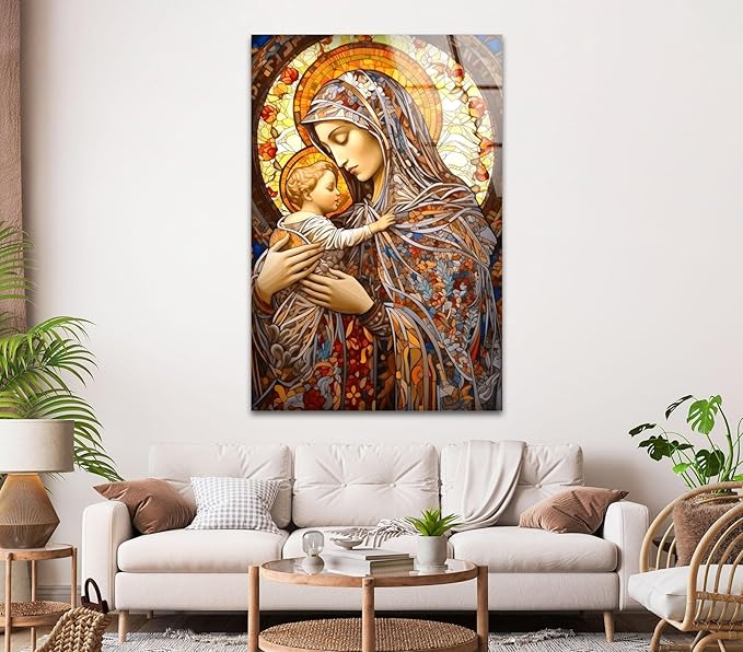 My Photostation.com 27Wx43H'' Jesus and Virgin Mary Glass Wall Art Tempered Glass Printing Wall Decor Large Wall Art Wall Hangings