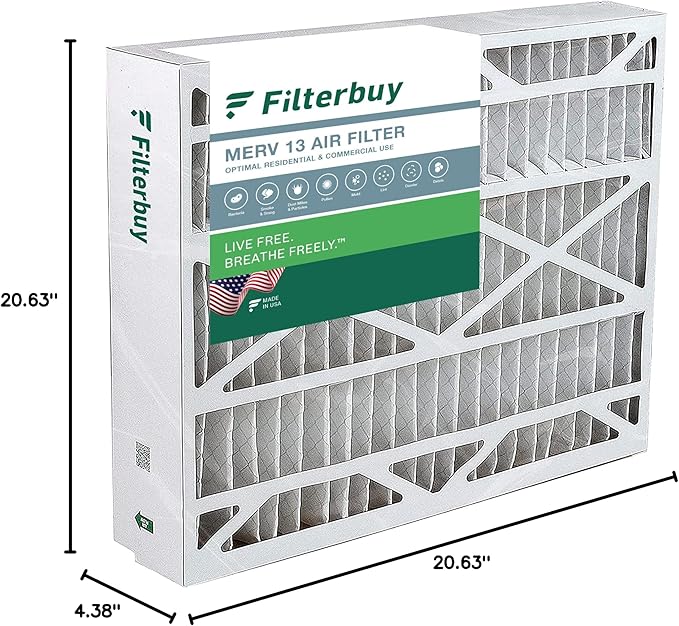 Filterbuy 21x21x5 Air Filter MERV 13 Optimal Smoke & Allergy Defense (1-Pack), Electrostatic Pleated HVAC AC Furnace Filters Replacement for Rheem, Ruud, & Protech (Actual Size: 20.63 x 20.63 x 4.38)