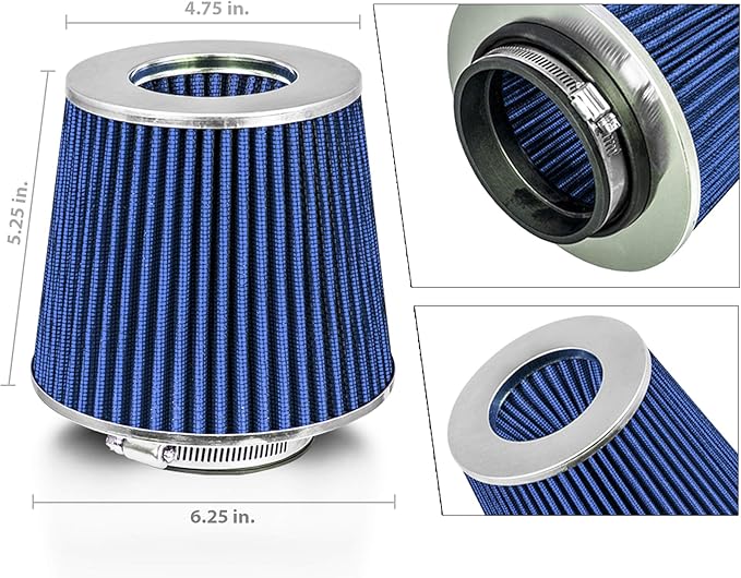 Mortar Aftermarket Auto Air Filter Replacement - Car Enthusiast Class Universal Cold Air Intake Gulps in More Air for More Engine Power & Passionate Induction Sound, 3.25 In, Blue