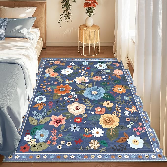 Floral 3x5 Area Rug Machine Washable Soft Print Boho Carpet Non Slip Doormat Low Pile Flower Area Rugs for Living Room Bedroom Nursery Kitchen Dining Room Indoor-Blue/Grey