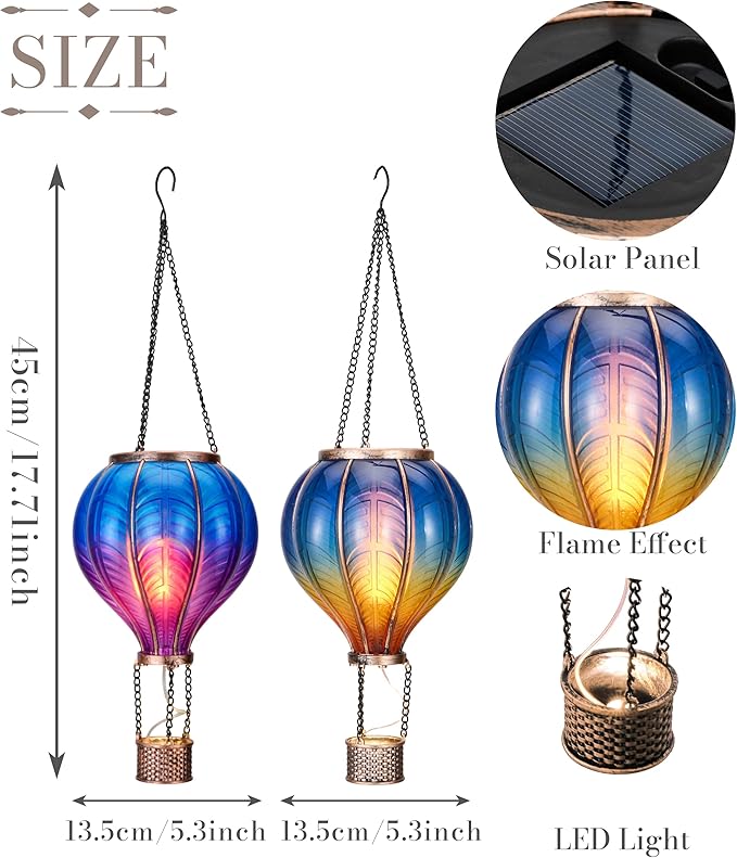 TERESA'S COLLECTIONS 2 Pack Hanging Solar Lantern Outdoor Garden Decor for Valentine,Waterproof Plastic Hot Air Balloon Blue Flickering Flame Effect Lantern for Yard Tree,Gift for Mom,18"