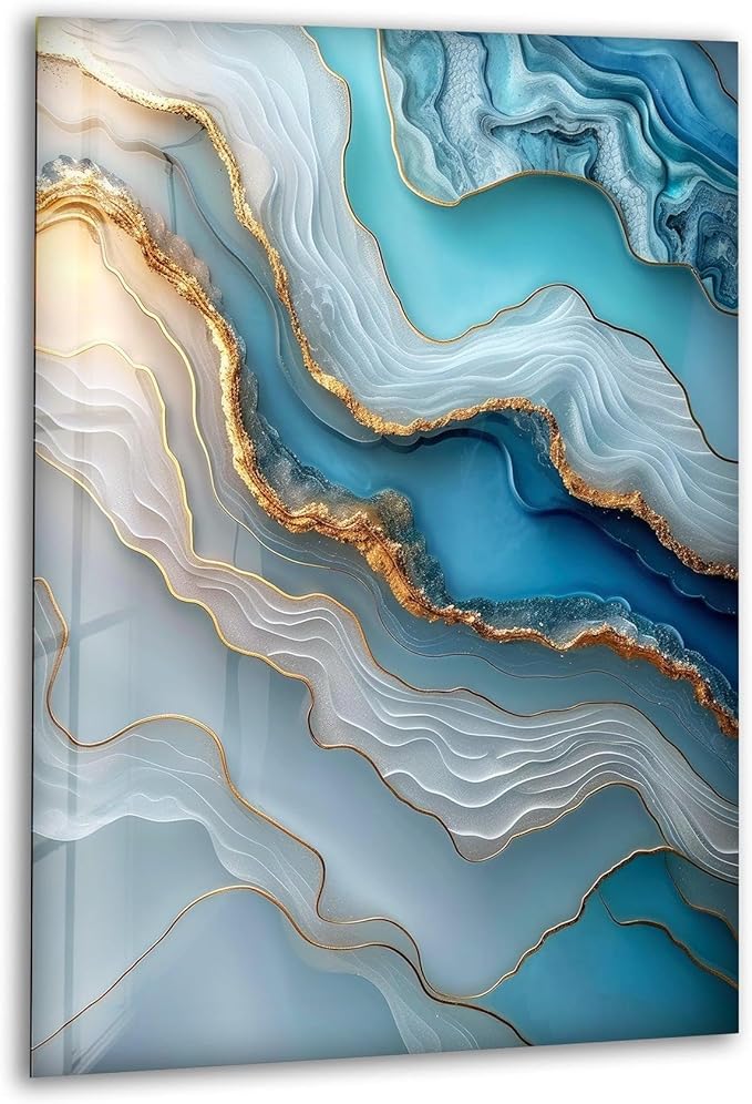 My Photostation.com 18Wx28H'' Turquoise and Blue Alcohol ink Glass Wall Art Tempered Glass Printing Wall Decor Large Wall Art Wall Hangings