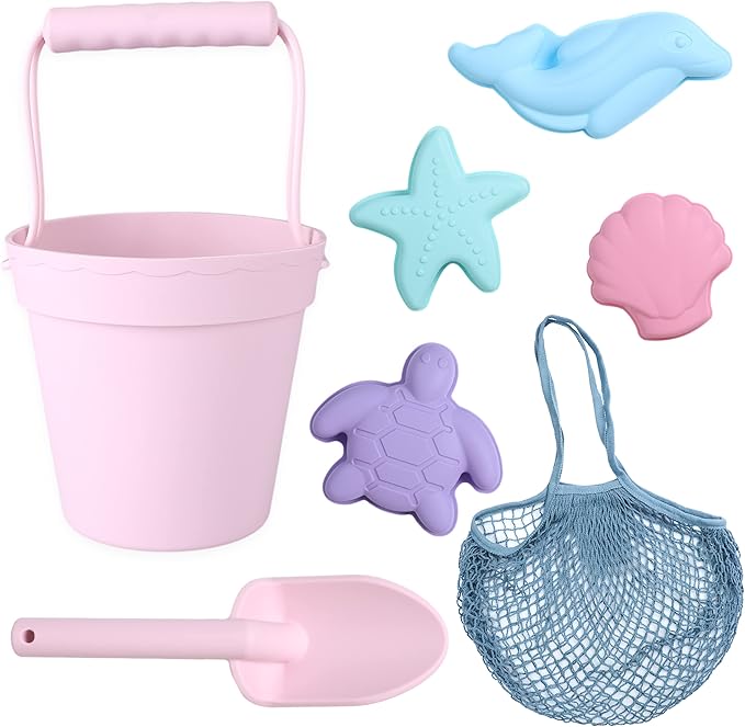 BLUE GINKGO Silicone Beach Toys - Modern Travel Friendly Set | Bucket, Shovel, 4 Sand Molds, Beach Bag | Sand Toys for Toddlers, Kids - Pink