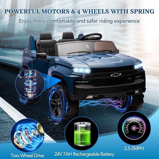 Hetoy 24V 2-Seater Truck Licensed Chevrolet Silverado Ride On Car Toy w/Parent Remote Control,4xSpring Suspension, 3 Speeds, Wireless Music, MP3 Player, Electric Vehicle Car for Kids, Blue