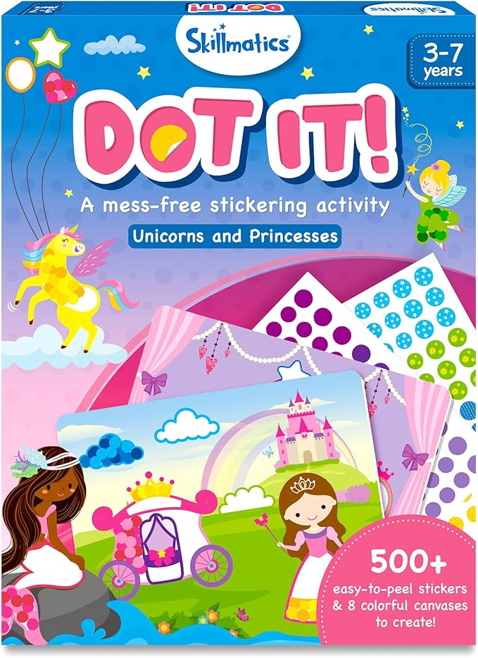 Skillmatics Dot It Sticker Art - Unicorns & Princesses, Mess-Free Craft Kits, 500+ Stickers, Stocking Stuffers, DIY Scrapbooking, Travel Activity, Christmas Gifts for Girls & Boys Ages 3, 4, 5, 6, 7
