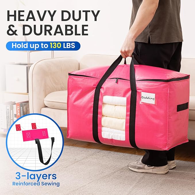 TAILI 4 Pack Pink Extra Large Moving Bags, Heavy Duty Totes with Visible Window, Wrap Around Handles, Great for Storage, Space-Saving