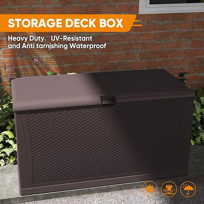 125 Gallon Resin Deck Box, Weatherproof Outdoor Storage Box for Patio, Garden, Pool, and Yard, Lockable Waterproof Bin for Tools, Cushions, and Accessories, Brown