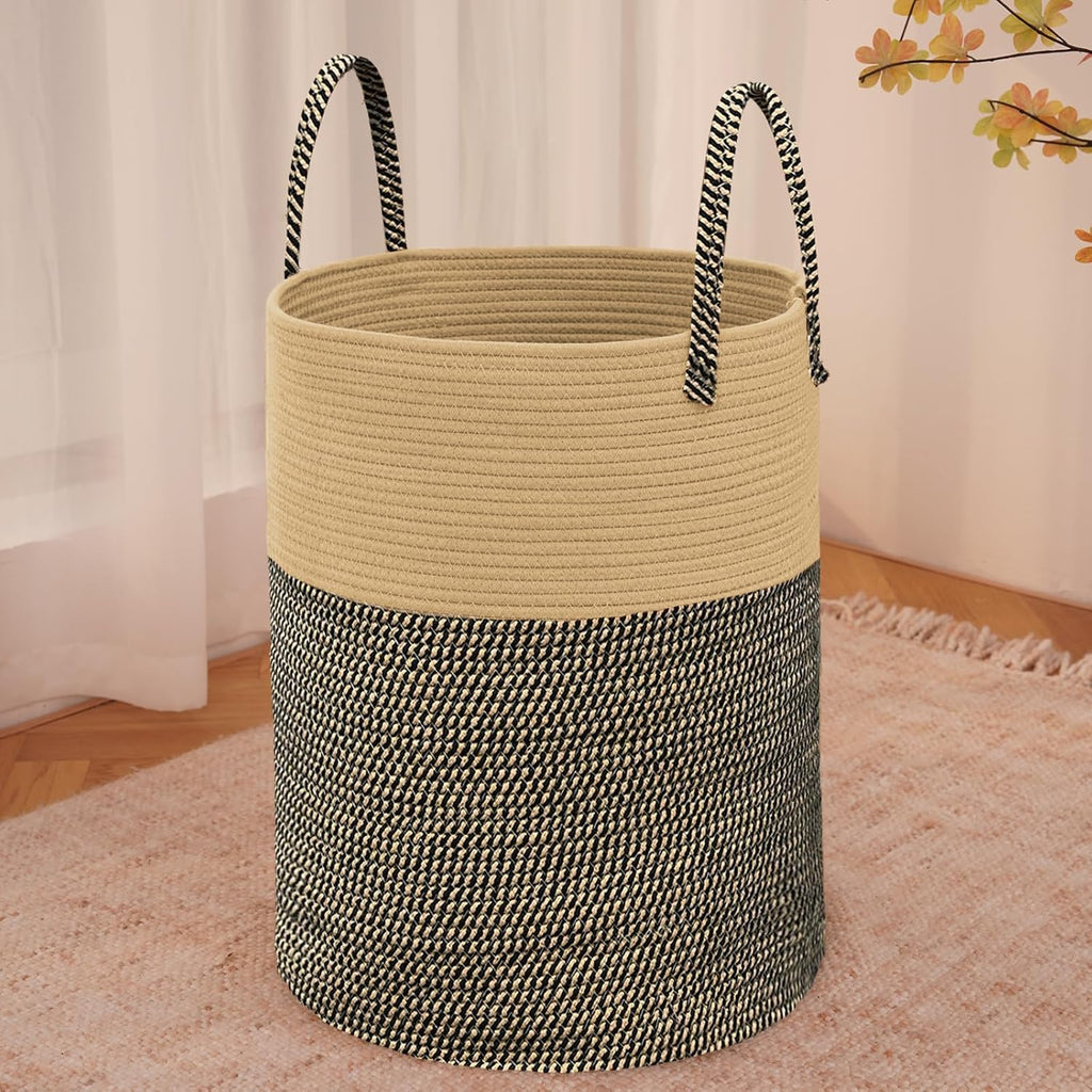 Large Woven Laundry Basket Hamper,100L Cotton Rope Storage Bin for Blankets,Toys and Clothes,Decorative Tall Nursery Hamper for Living Room,Baby Nursery,Bathroom and Bedroom,Brown and Black