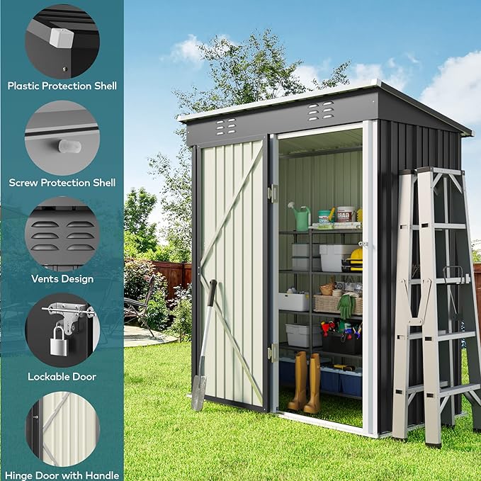 Gizoon 5 'x 3'Outdoor Storage Shed with Singe Lockable Door,Galvanized Metal Shed with Air Vent Suitable for The Garden,Tiny House Storage Sheds Outdoor for Backyard Patio Lawn-Dark Gray