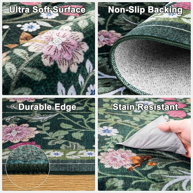 Runner Rug for Entryway: 2x6 Kitchen Rugs Non Slip Washable Ultra-Thin Soft Floral Carpet Indoor Floor Stain Resistant Carpets for Hallway Bedroom Kitchen Laundry Bathroom Dorm Dark Green