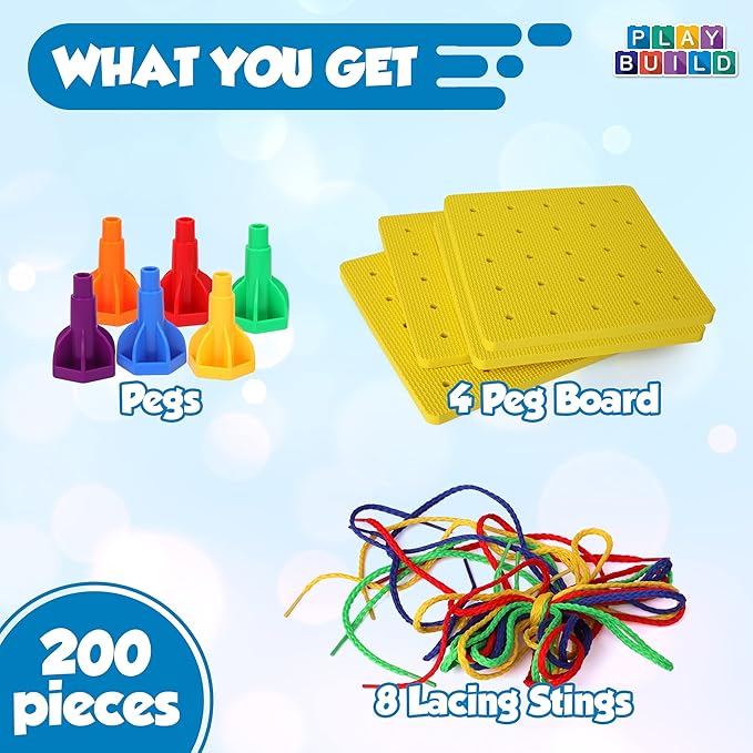 Rainbow Pegs and Board Deluxe 200pc Set, Montessori Baby Toys, Stacking and Lacing Pegs, Baby and Toddler Toys, Play and Learn STEM Toy, Fine Motor Skills, Ages 3+