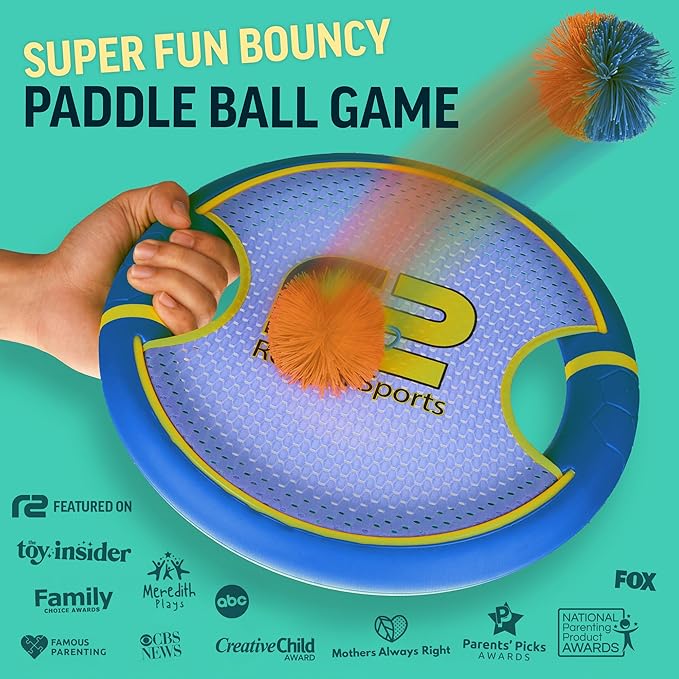 Fun Bouncy Paddle & Stringy Ball Toss & Catch Game - Easy to Use for Kids All Ages - Soft Foam Design for Safe Play Indoors or Outdoors - Also Works as Flying Disc - Great Gift Idea for Boys & Girls