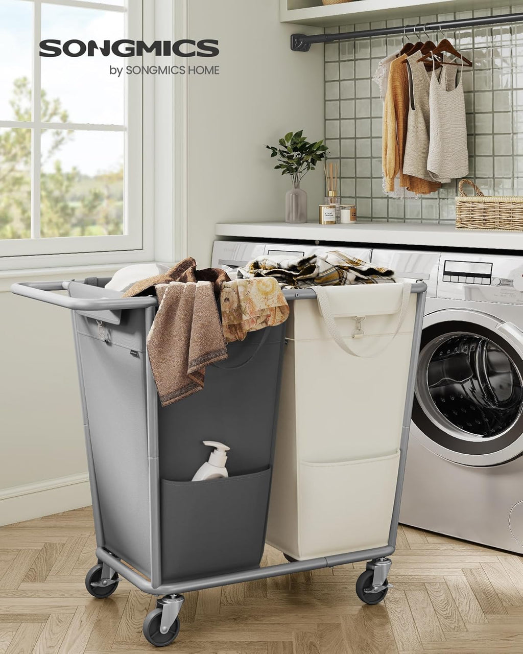 SONGMICS Laundry Basket with Wheels, 50.2 Gallons (190 L), 2-Section Rolling Laundry Hamper with Removable Bags, Heavy-Duty Steel Frame with Handle, Cream White and Dark Gray URLS009X01
