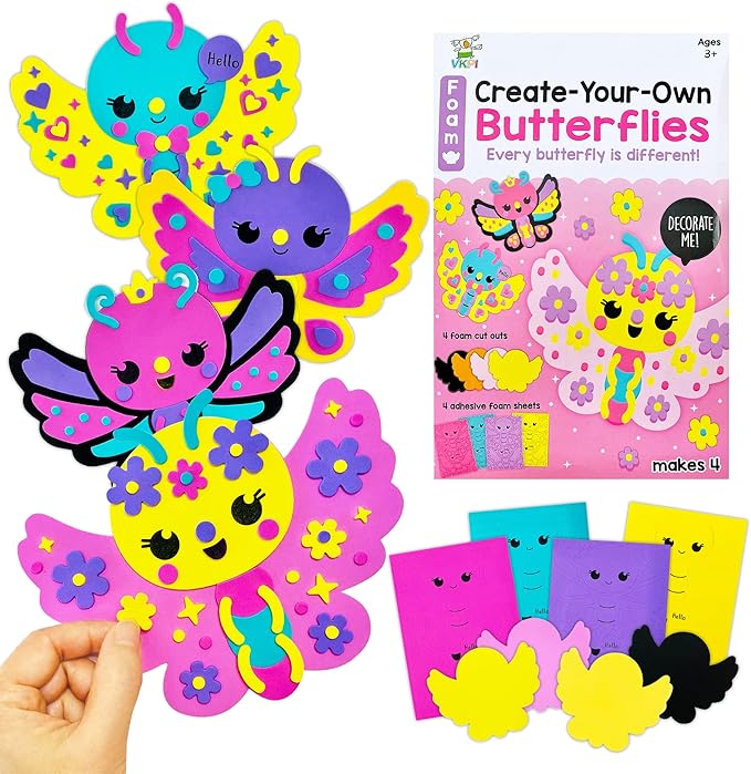 VKPI 4 Pieces EVA Foam Art Crafts Gift Kit, Creative Make Your Own Butterflies, Cartoon Paper Craft Projects for Kids Ages 4+ Toddler, Preschool Learning Toy for Birthday Party Favor Supplies
