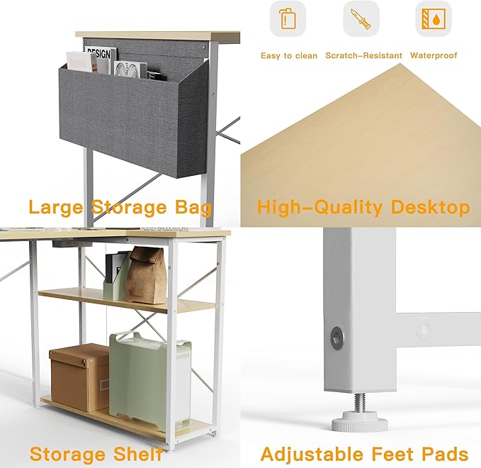 TIQLAB L-Shaped Computer Desk with Power Outlets - Reversible Shelves, 47 Inch Gaming & Study Desk in Beige
