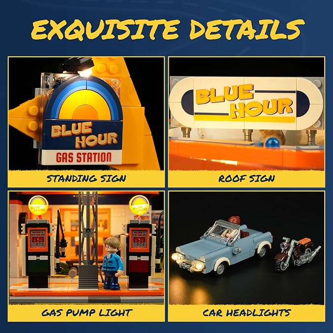 FUNWHOLE City Gas-Station Lighting-Building-Bricks Set - Road Trip Modular Car Service Station Collection LED Light Building Set 1608 Pcs for Adults, Teen and Travelling Enthusiasts