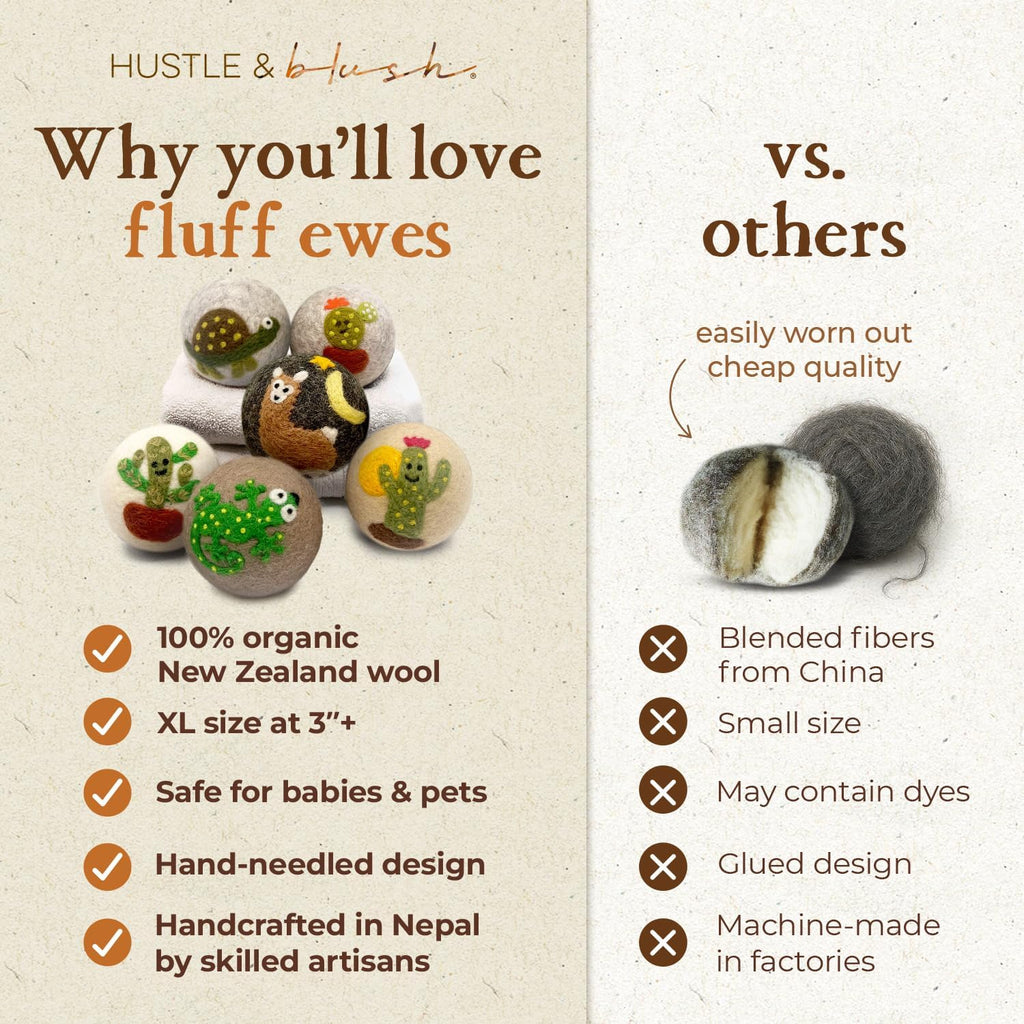 Fluff Ewes Wool Dryer Balls 6 Pack Premium New Zealand Wool Laundry Balls for Dryer, No Static Dryer Balls Laundry Reusable, XL Wool Dryer Balls Cute, Baby Dryer Balls for Dryers - Kiss My Cactus