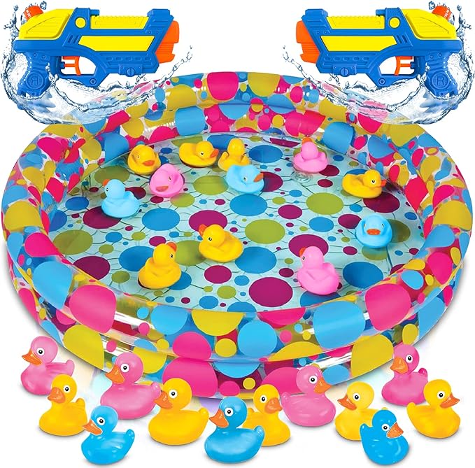 Gamie Duck’em Down Shooting Game, Carnival Duck Pond Game with 1 Inflatable Pool, 2 Water Guns, and 20 Ducks, Backyard Games for Kids, Outdoor Summer Toys, and Carnival Theme Party Decorations