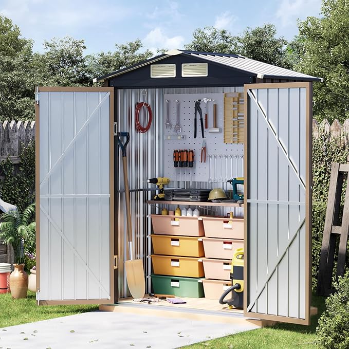 5x3 FT Outdoor Metal Storage Shed, Double Door, 1 Clear Window, Tool Shed for Garden, Patio, Backyard Brown